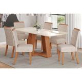 Conjunto Mesa De Cozinha Lins Com Tampo Madeirado Com Vidro Curvo 200x90cm E 6 Cadeiras Malu Nature Linho Henn