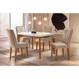 Conjunto Mesa De Cozinha Londrina Tampo Madeirado Com Vidro 120x80cm E 4 Cadeiras Jade Capuccino Suede Creme Rufato