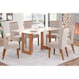Conjunto Mesa De Cozinha Yara Sc79 Tampo Madeirado Com Vidro Canto Curvo 160x90cm E 6 Cadeiras Vita Nature Linho Henn