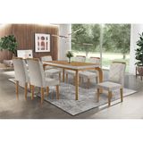 Conjunto Mesa De Cozinha Londrina Tampo Madeirado Com Vidro 180x90cm E 6 Cadeiras Melissa Capuccino Suede Creme Rufato