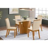 Conjunto Mesa De Cozinha Vértice Tampo Madeirado Com Vidro Canto Reto 120x80cm E 4 Cadeiras Isa Nature Linho Henn