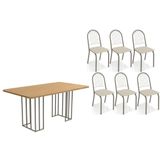 Conjunto Mesa De Cozinha Duina Com Tampo De Madeira 160cm E 6 Cadeiras Noruega Niquel Freijó Courano Bege Kappesberg