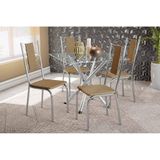 Conjunto Mesa De Cozinha Volga Com Tampo De Vidro 90cm E 4 Cadeiras Lisboa Cromada Courano Capuccino Kappesberg