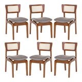 Kit 6 Cadeiras De Jantar Portugal Madeira Imbuia Com Encosto Tela Rattan Linho Cinza L55