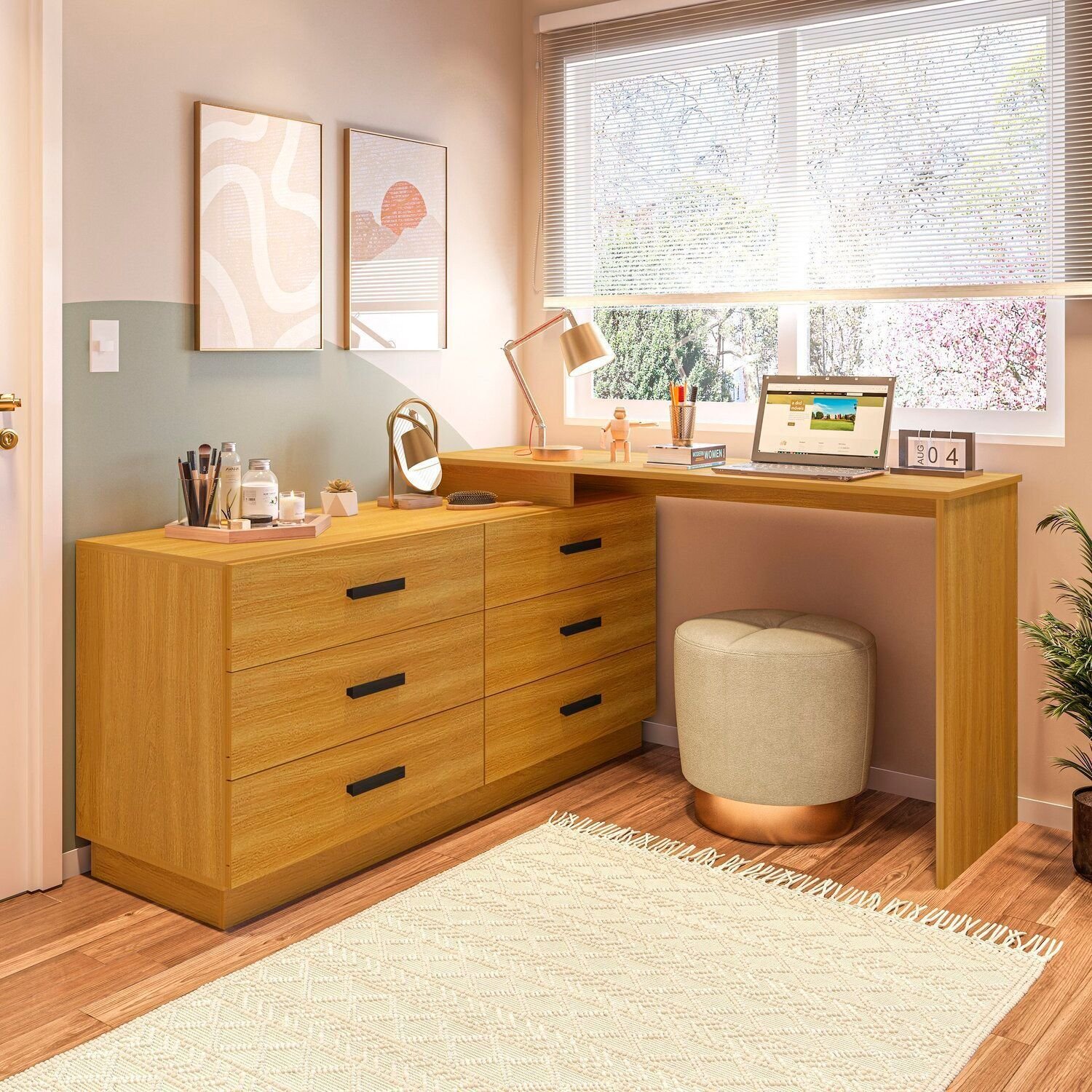 Cômoda Com Escrivaninha Em L Com 6 Gavetas Leonie Yescasa Freijó