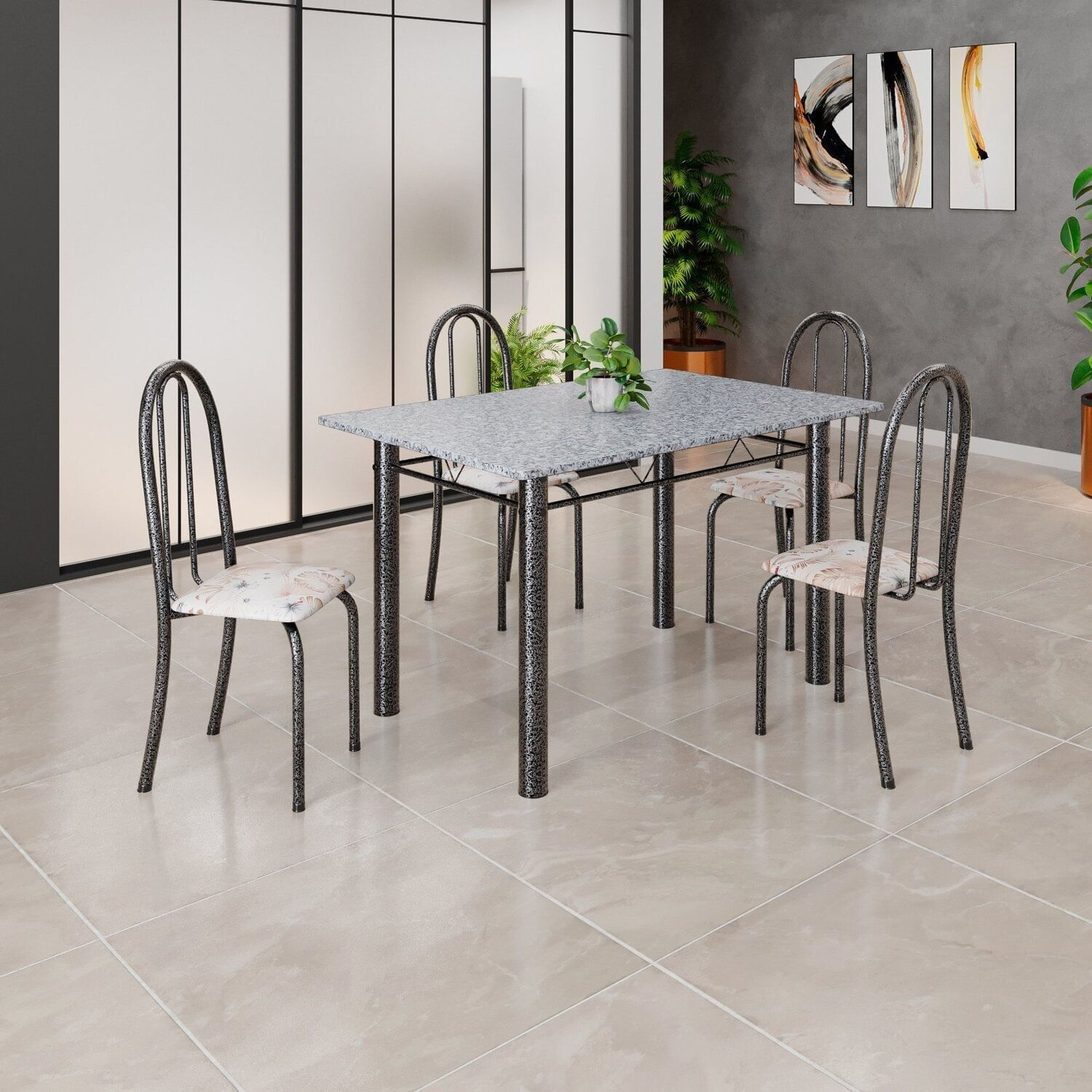 Conjunto De Mesa Tubular 120cm X 75cm Tampo Com 4 Cadeiras Iris B Bege / Prata