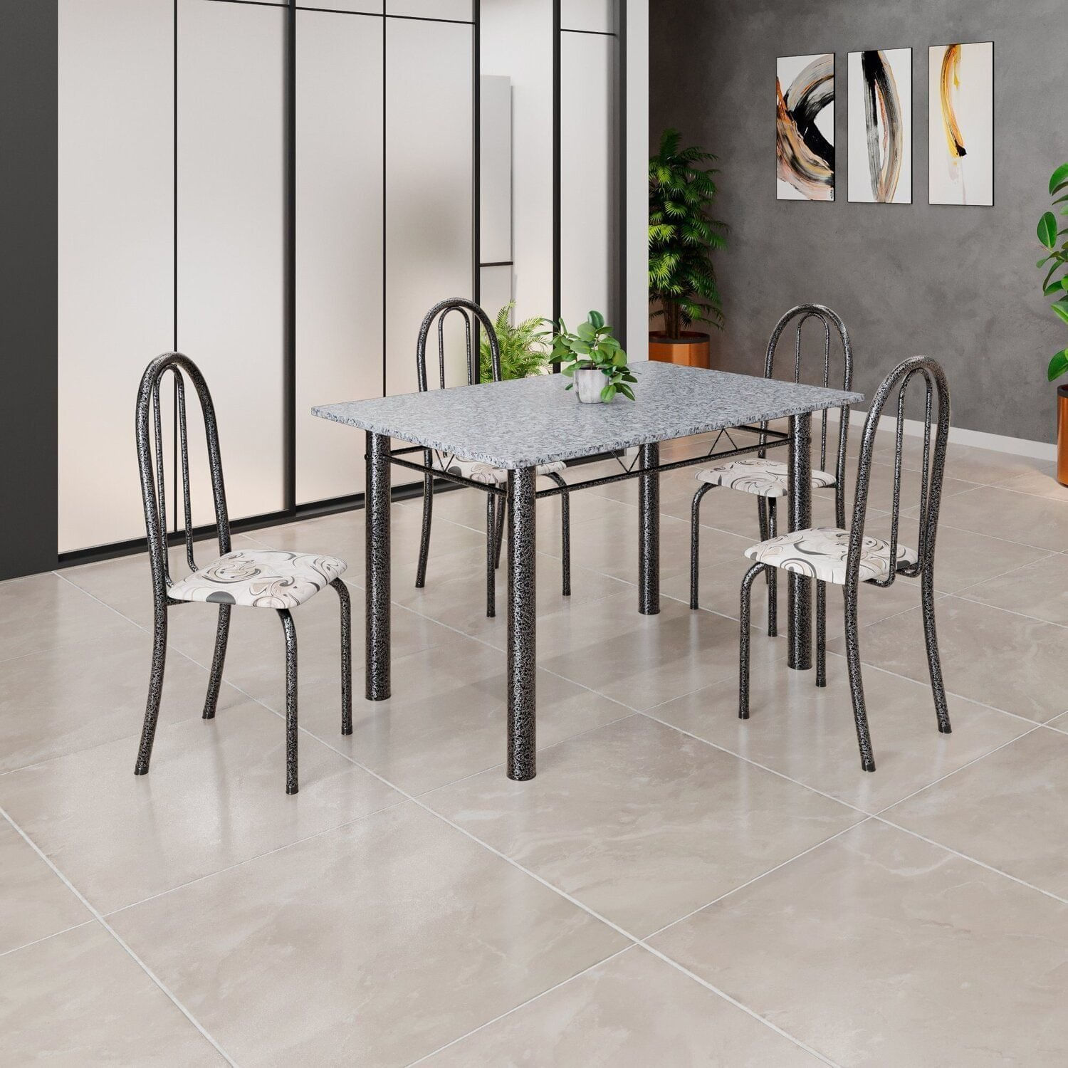 Conjunto De Mesa Tubular 120cm X 75cm Tampo Com 4 Cadeiras Arabesco/ Prata