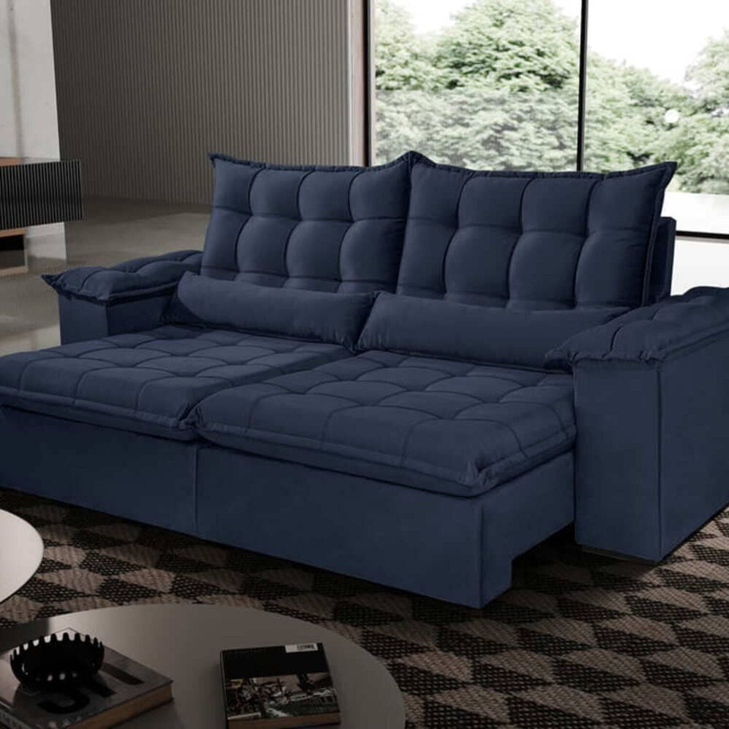 Sofá 2,70 Retrátil E Reclinável Malibu Com Molas Bonnel 4 Lugares Azul