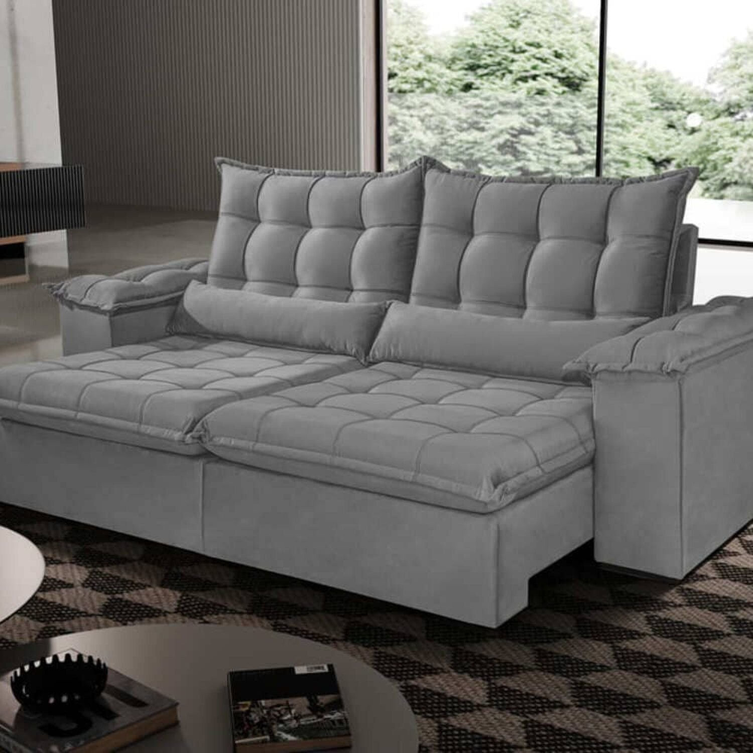 Sofá 2,50 Retrátil E Reclinável Malibu Com Molas Bonnel 4 Lugares Grafite