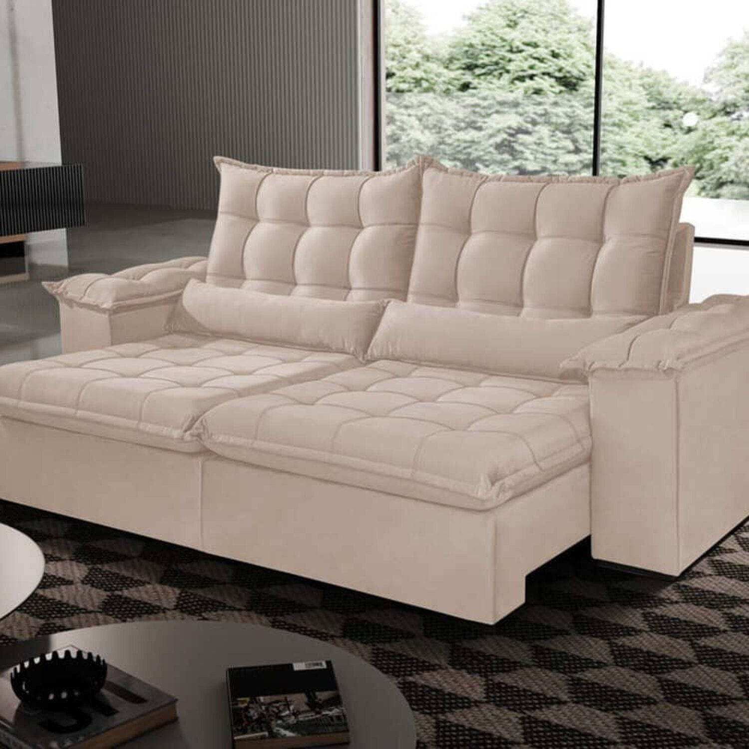 Sofá 2,70 Retrátil E Reclinável Malibu Com Molas Bonnel 4 Lugares Bege