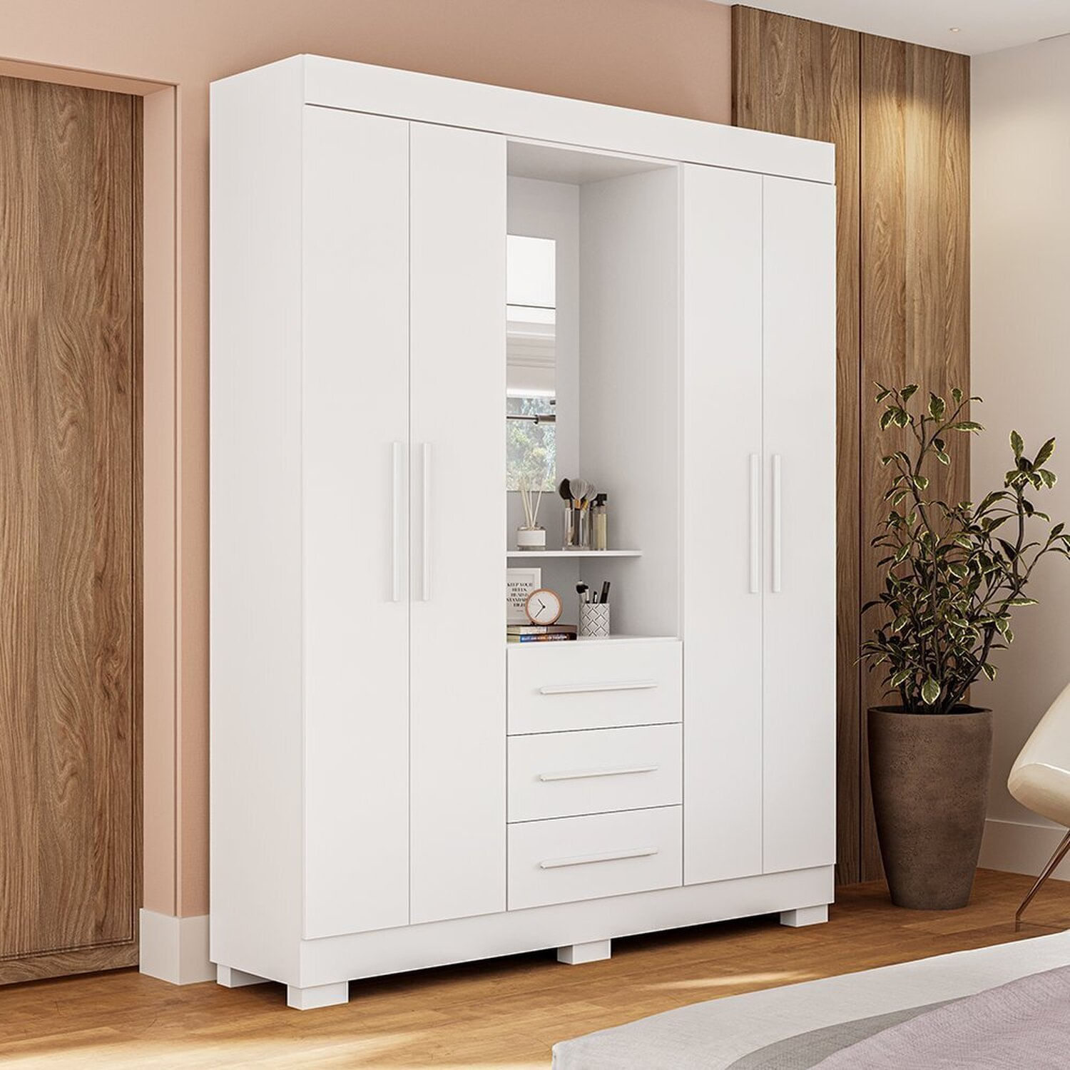 Guarda-roupa Solteiro 164cm 4 Portas 3 Gavetas Capelinha E Espelho 100% Mdp Gardênia Espresso Móveis Branco