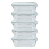 Conjunto 5 Potes Para Alimentos Hermético Marmita De Vidro Fit 1040ml Com Borracha De Vedação E Trava Na Tampa