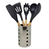 Jogo 6 Utensílios Cozinha Silicone Preto Cabo Madeira E Porta Utensílios Inox Prime