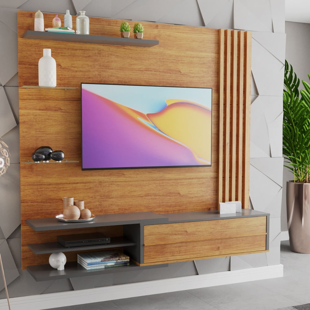 Painel Ripado Para Tv Até 60 Polegadas Com Prateleiras De Vidro 1 Porta Rock Viero