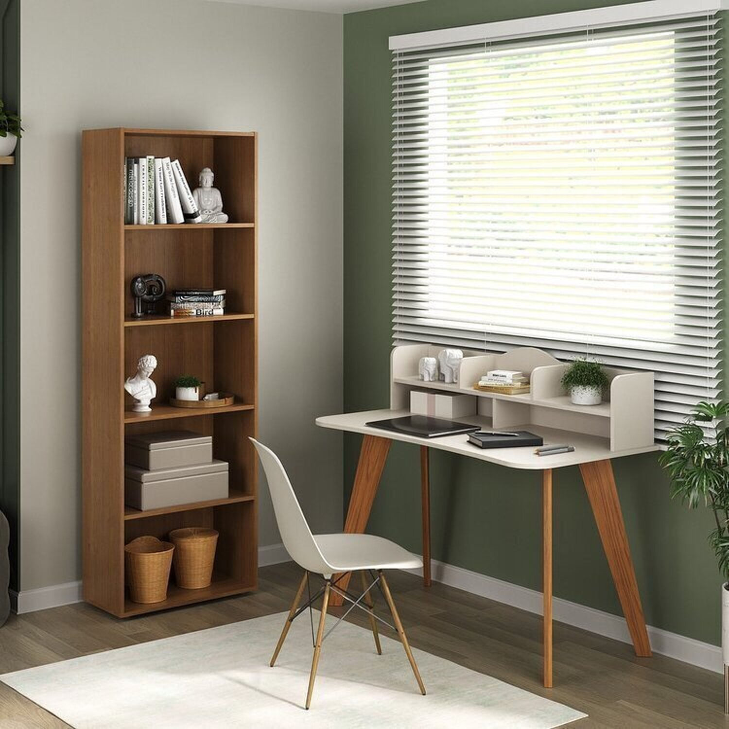 Kit 2 Peças Com Escrivaninha 120cm E Estante Para Livros Com 5 Prateleiras Off White/cedo