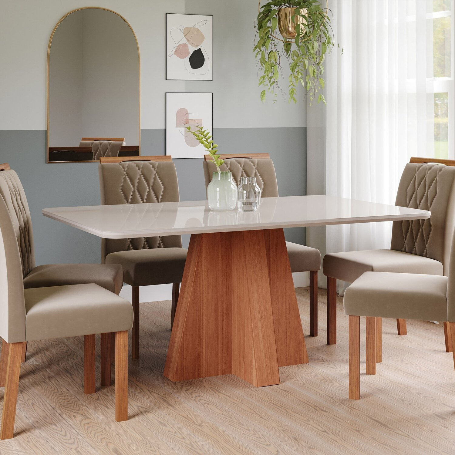 Sala De Jantar Maitê 160 Cm Com 6 Cadeiras Juliana Wood Cinamomo/off