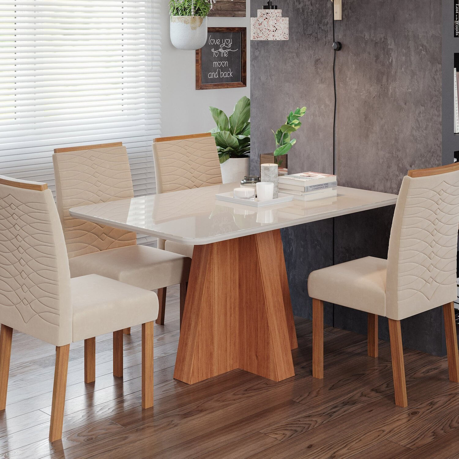 Sala De Jantar Maitê 130 Cm Com 4 Cadeiras Clarice Wood Cinamomo/ Nude