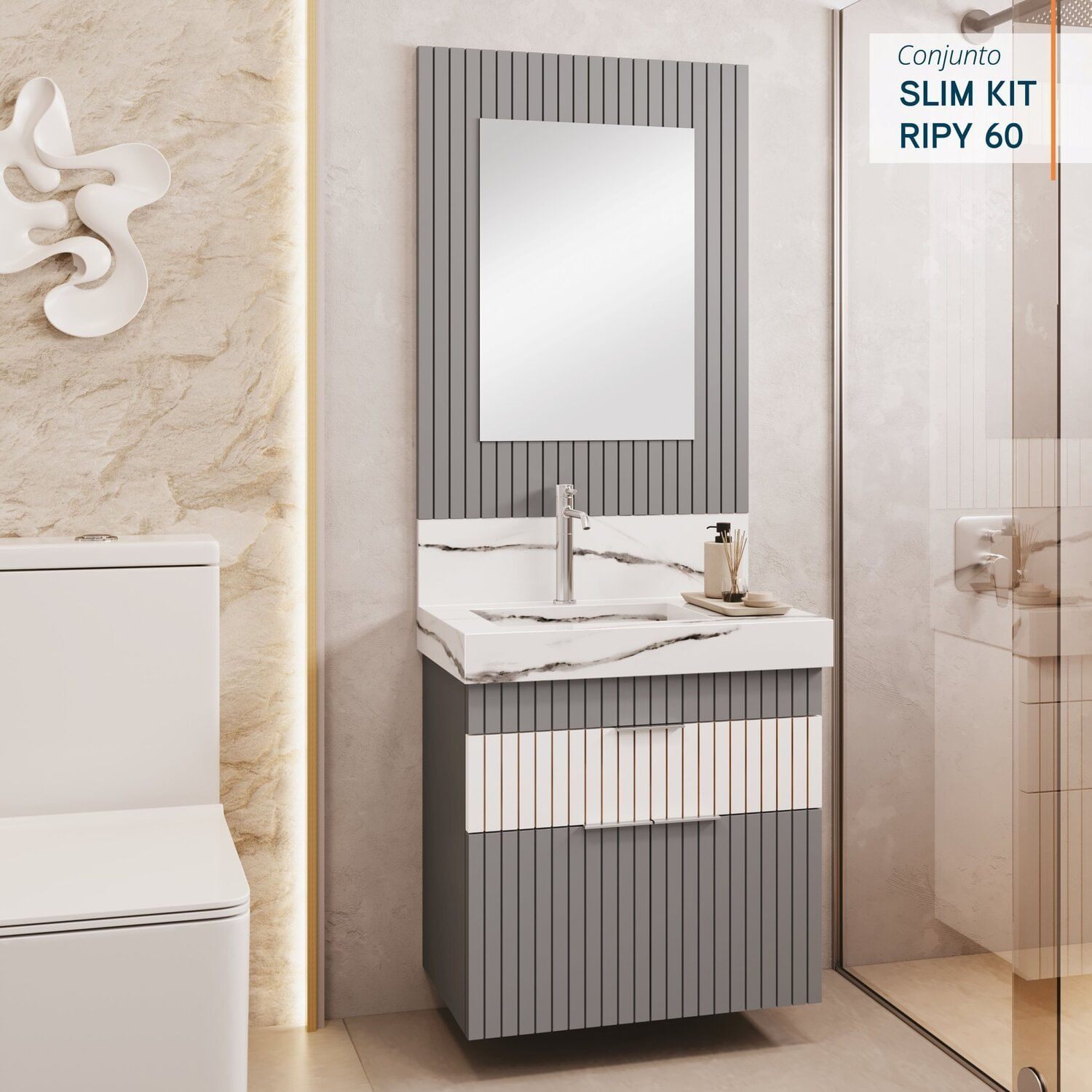 Conjunto Completo Para Banheiro Slim Kit Ripy 60cm Cinza