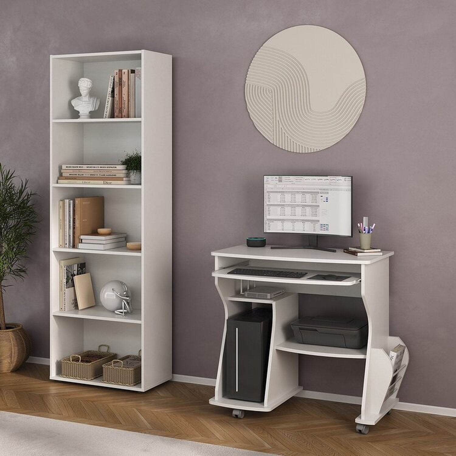 Kit 2 Peças Com Escrivaninha Para Computador Cpu E Estante Para Livros 5 Prateleiras Branco