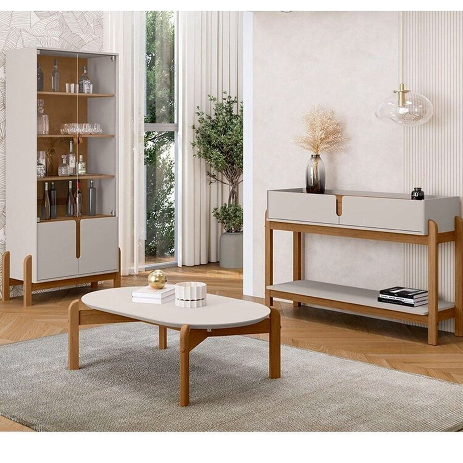 Conjunto Cristaleira Bari Com Aparador 2 Gavetas E Mesinha De Oblonga Off White / Cedro