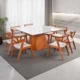 Conjunto Mesa Bérgamo Tampo Com 8 Cadeiras Em Madeira Maciça, Estofada E Rattan De Fibra 100% Natura Champagnhe/off White