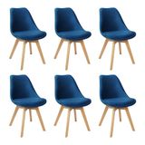 Kit 6 Cadeiras Charles Eames Leda Veludo Luisa Saarinen Estofada Base Madeira - Azul