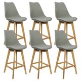 Kit 6 Banquetas Monty Leda Luisa Saarinen Alta Base Fixa Madeira - Cinza