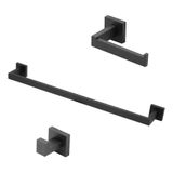 Kit Acessórios Banheiro Preto/black Quadrado 3 Peças Inox