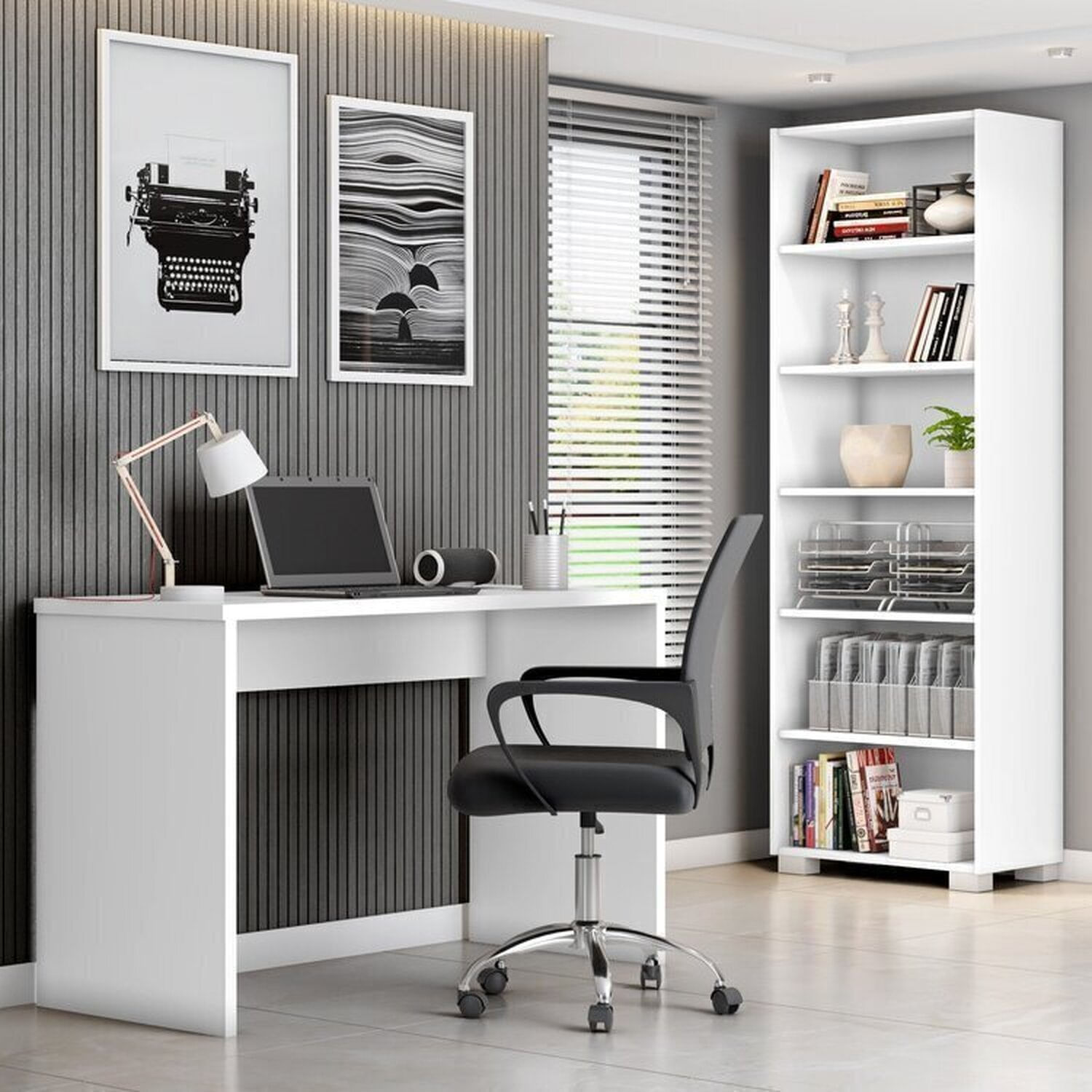 Kit 3 Peças Com Cadeira Para Escritório, Estante Livreiro E Escrivaninha Gávea Espresso Móveis Branco/preto