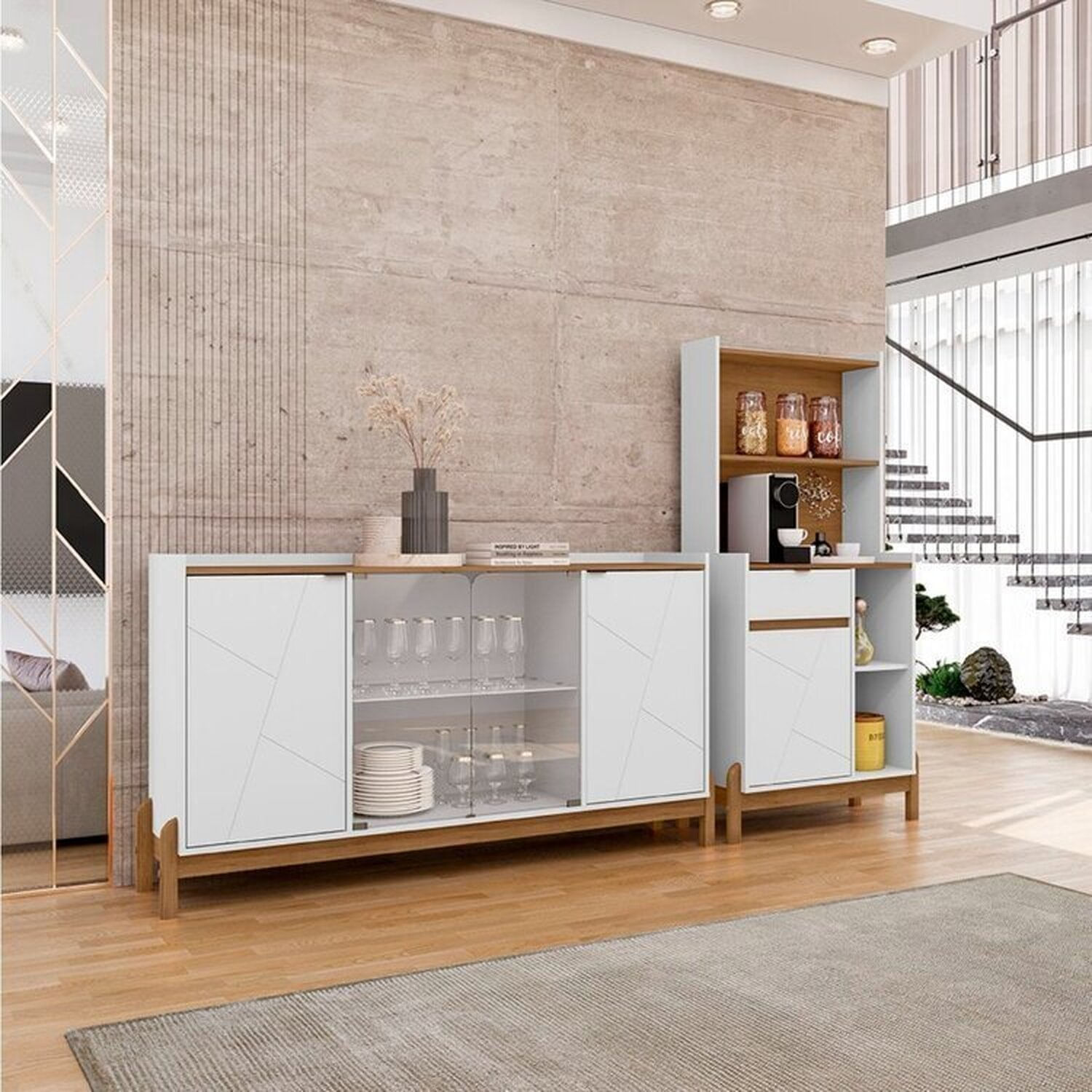 Conjunto Buffet Bari Com Cantinho Do Café Bari Branco / Cedro