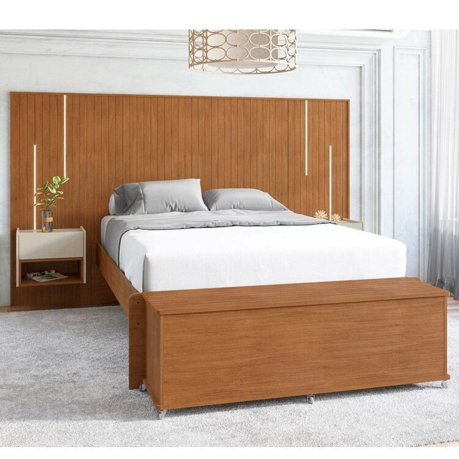 Conjunto Cabeceira Frisada Com Baú Luca Cedro