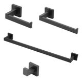 Kit Acessórios Banheiro Preto/black Quadrado 4 Peças Inox