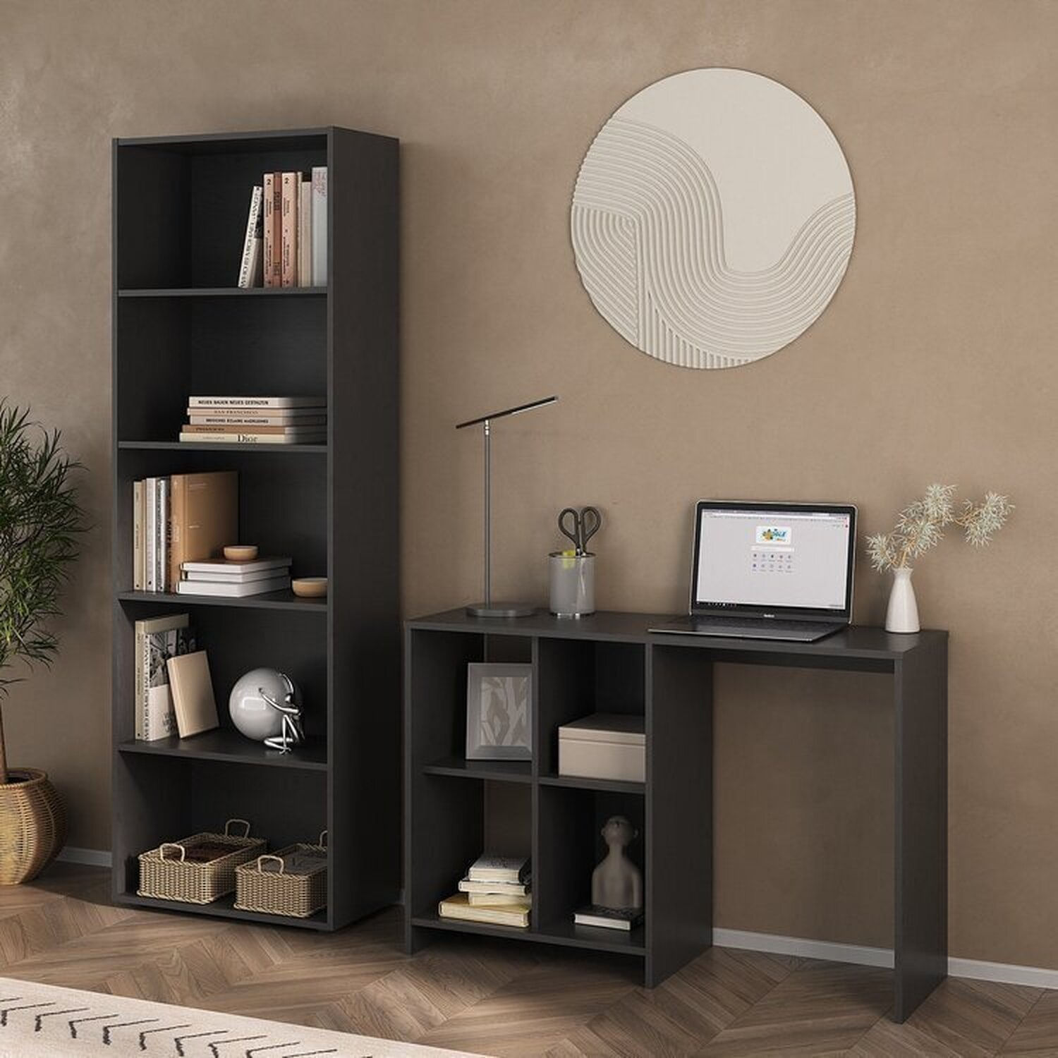 Kit 2 Peças Com Escrivaninha Com 4 Nichos E Estante Para Livros 5 Prateleiras Preto