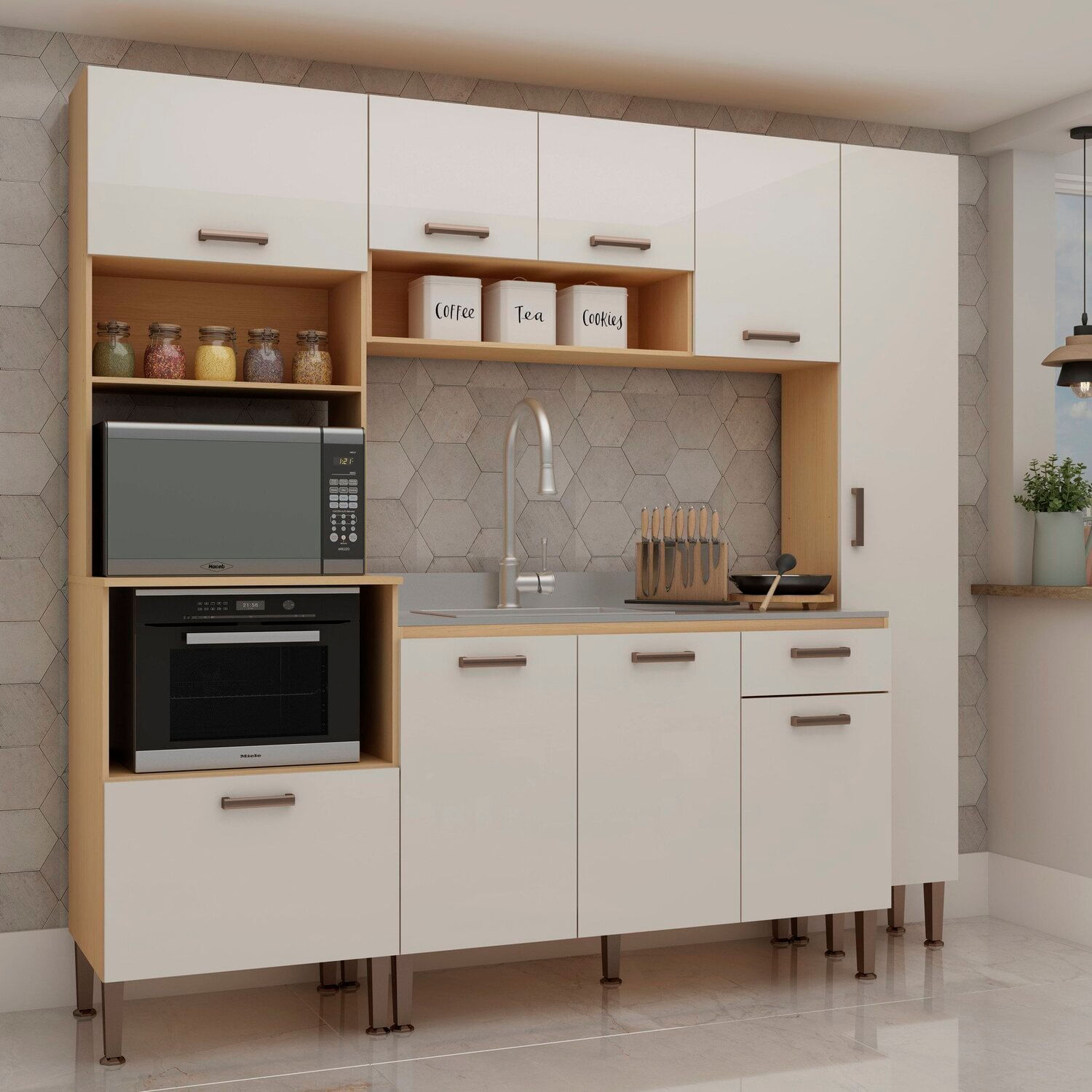 Cozinha Modulada Alta 4 Peças 100% Mdf Freijó/branco