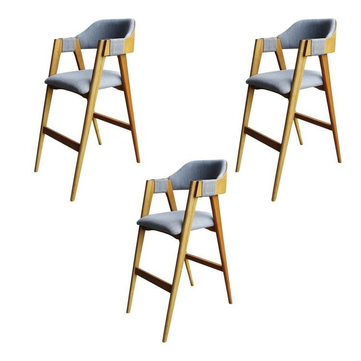 Kit 3 Banquetas Laura Madeira Maciça De Eucalipto Verniz Linho Cinza/marrom