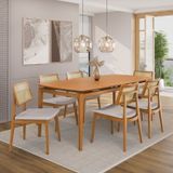 Conjunto Sala De Jantar Madeira Maciça - Mesa 1,80 Laminada 6 Cadeiras Estofadas Encosto Tela Freijó
