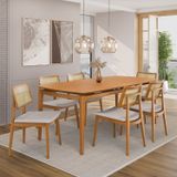 Conjunto Sala De Jantar Madeira Maciça - Mesa 1,60 Laminada 6 Cadeiras Estofadas Encosto Tela Freijó