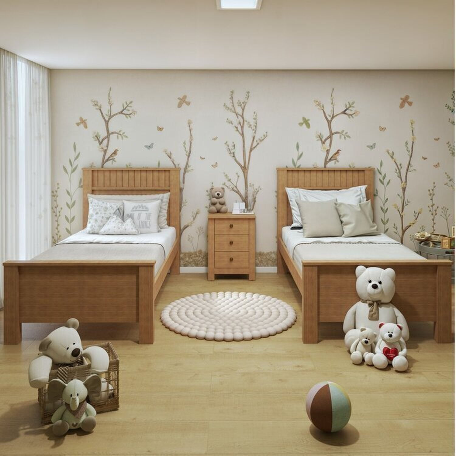 Quarto Infantil Com 2 Camas Solteiro Athenas Plus E Mesa De Cabeceira 3 Gavetas Maggiore New Amêndoa Clean