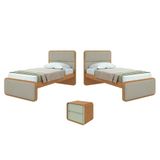 Quarto Infantil Com 2 Camas Solteiro Loop Tecido Boucle E Mesa De Cabeceira 2 Gavetas Loop Amendoa Clean/salvia