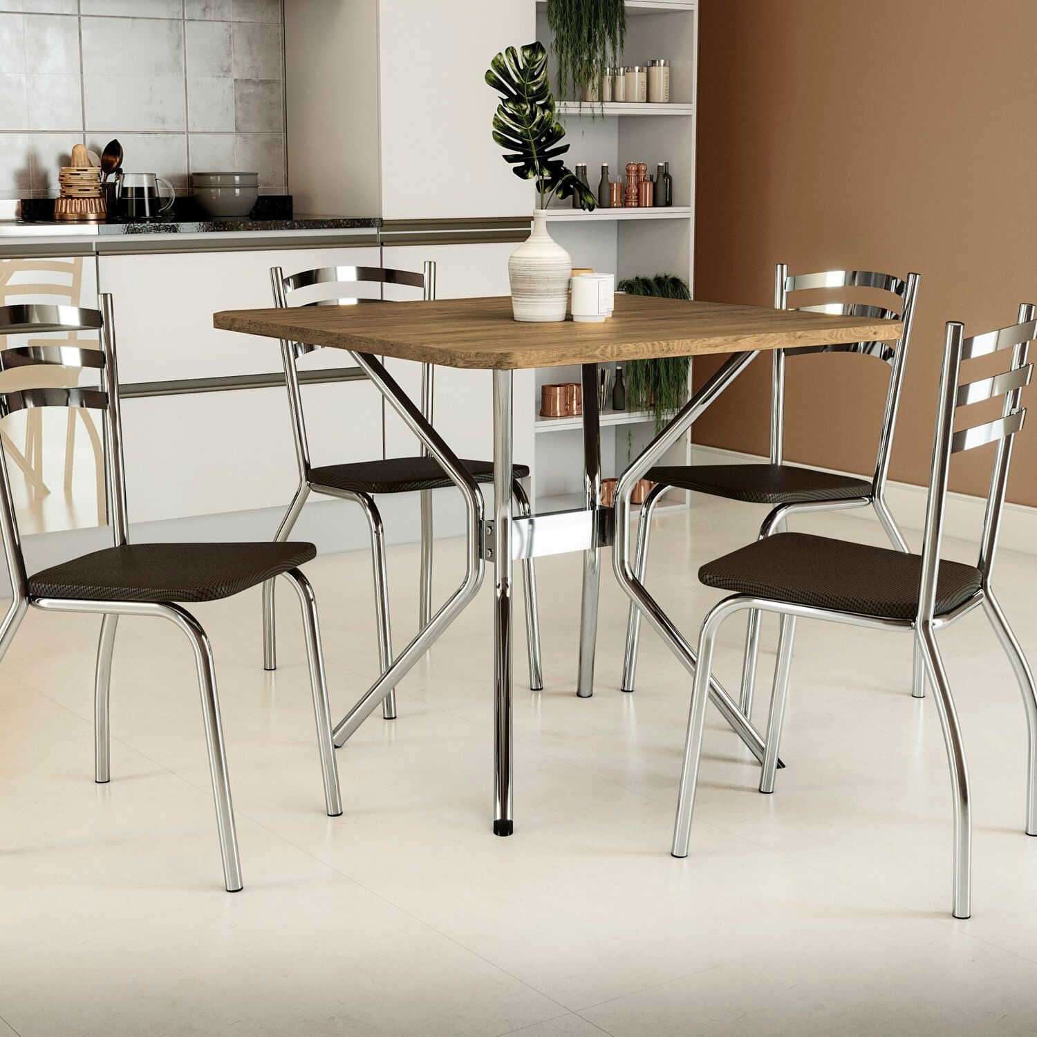 Conjunto Mesa Loire 4 Cadeiras Portugal Cromado/marrom/preto