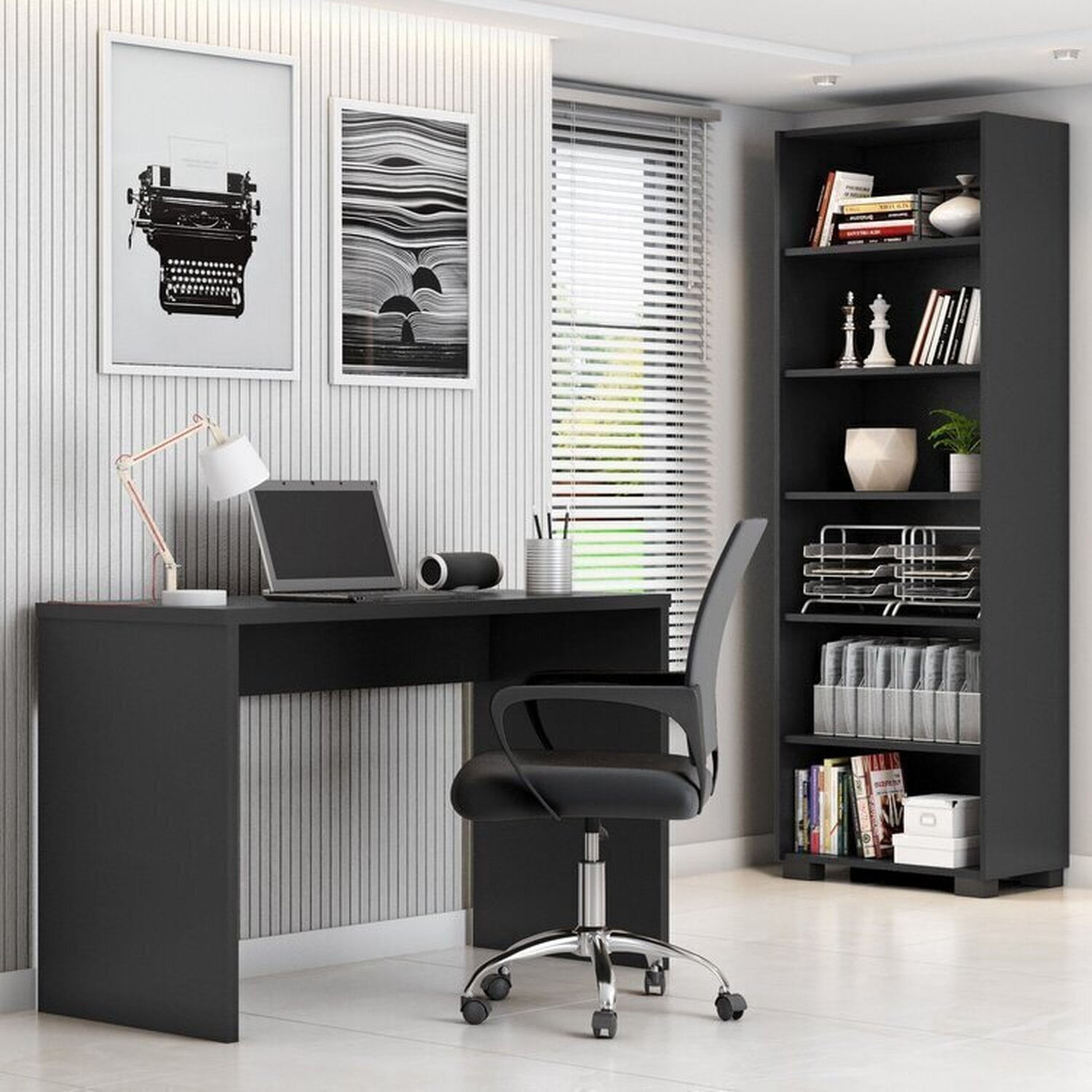 Kit 3 Peças Com Cadeira Para Escritório, Estante Livreiro E Escrivaninha Gávea Espresso Móveis Preto