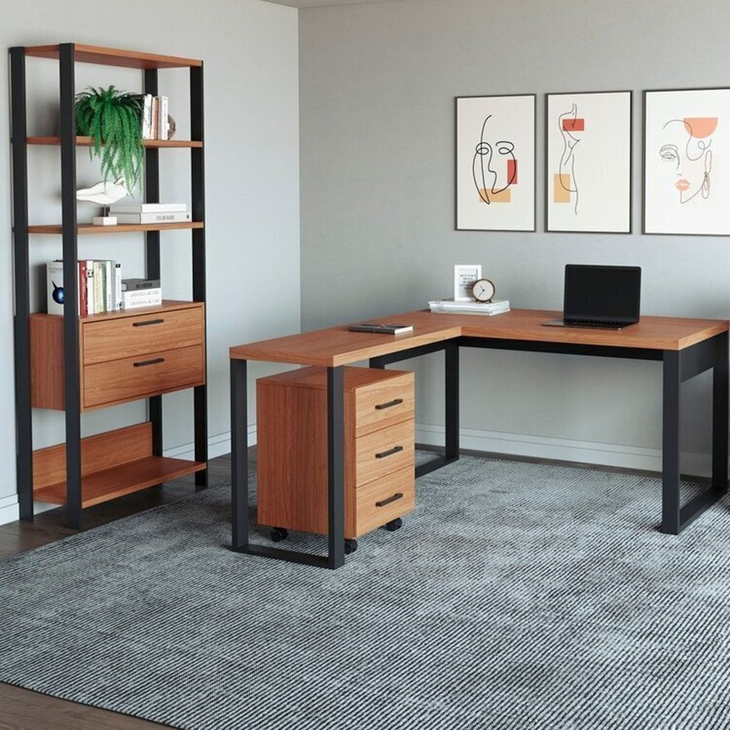 Kit 3 Peças 100% Mdf Com Escrivaninha Em L, Estante Para Livros E Gaveteiro Freijó/preto Fosco