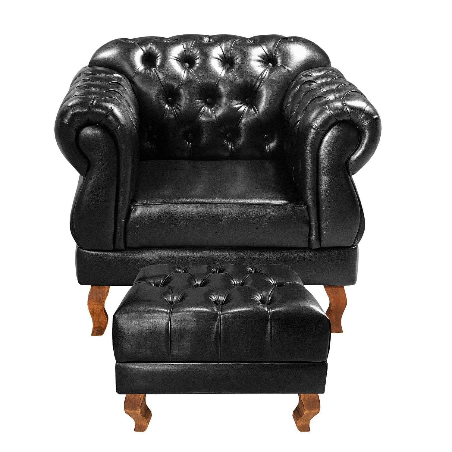 Poltrona Com Puff Duquesa Decorativo Chesterfield Capitonê Preto