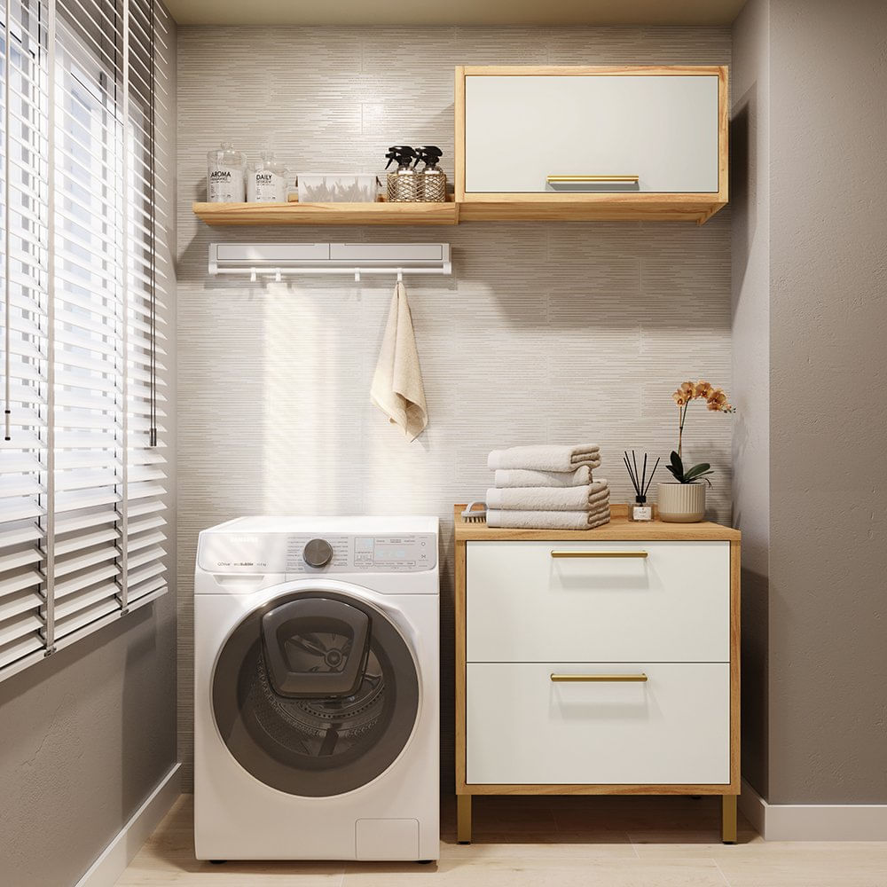 Conjunto Para Lavanderia Com 3 Peças 100% Mdf Vicenza Espresso Móveis Amêndoa/off White