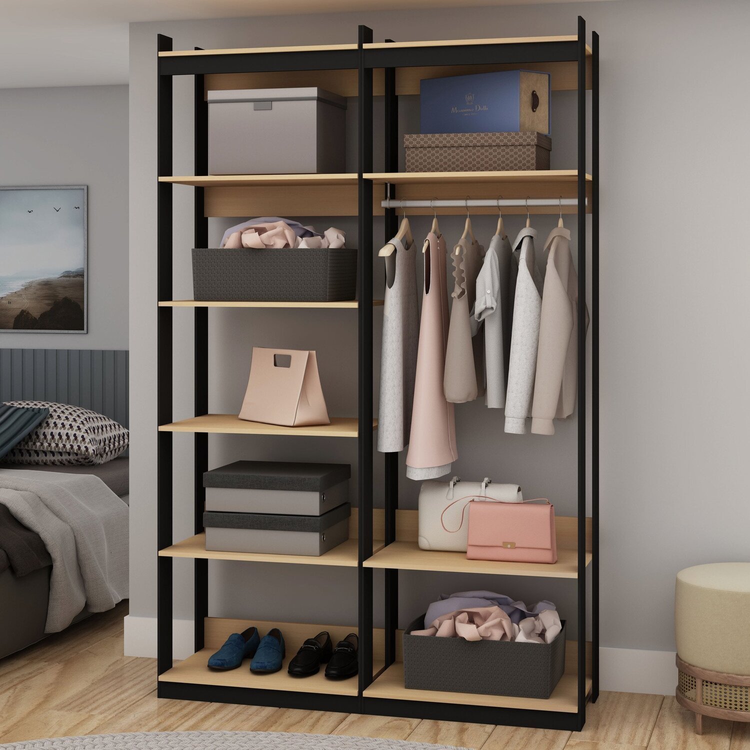 Closet Wood Preto Organização Elegante Com Módulo Cabideiro E Prateleira Preto