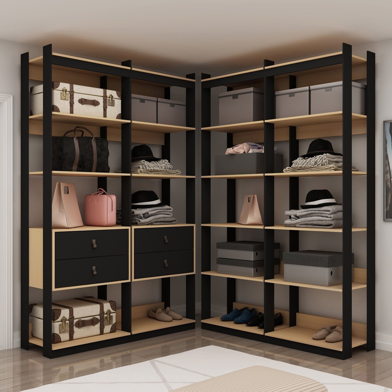 Closet Wood Preto Organização Elegante Com Módulo Prateleira E Gaveta Freijó/preto