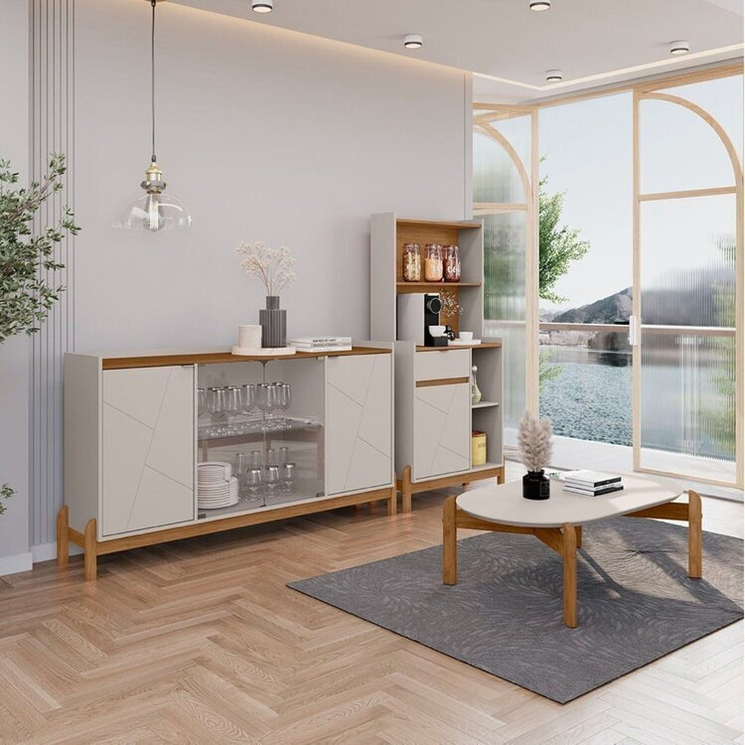 Conjunto Buffet E Cantinho Do Café Bari Com Mesinha Oblonga Off White / Cedro