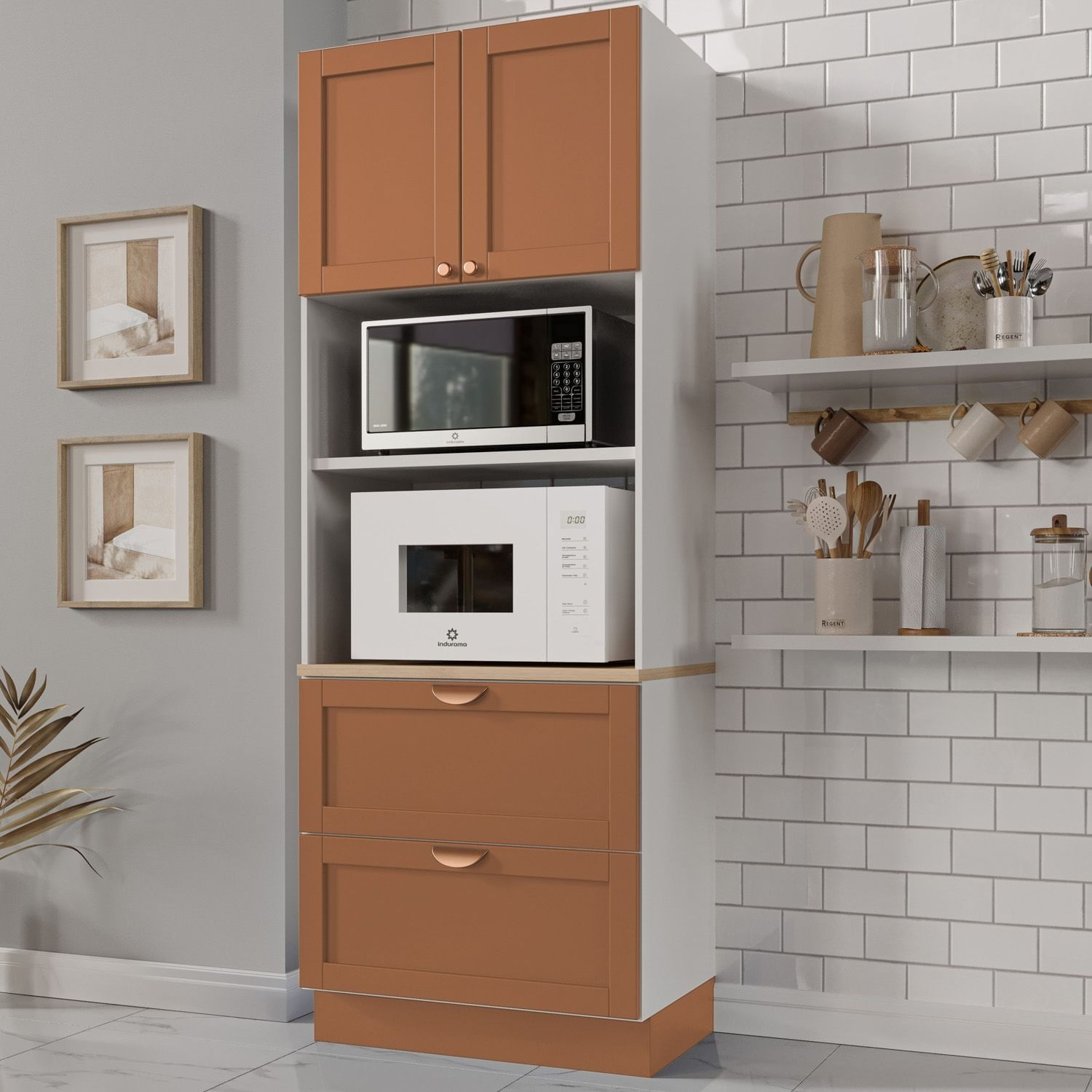 Torre Quente 2 Portas 2 Gavetas 2 Nichos Para Forno E Microondas Arizona Cabecasa Madeiramadeira Branco/terracota