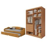 Conjunto Bicama Solteiro Em Mdf/mdp Funny Iii E Closet Casal Sem Portas 4 Gavetas Bergamo Cinamomo