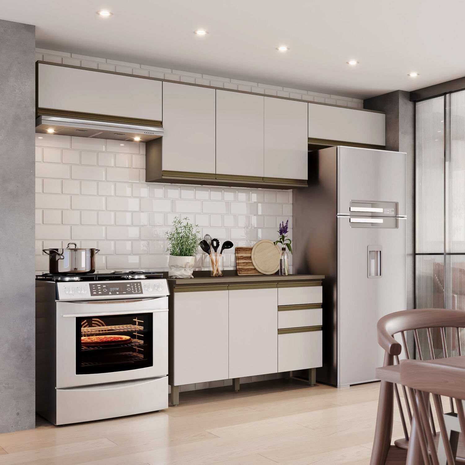 Cozinha Compacta 4 Peças Com Duplo Aéreo Basculante 100% Mdf Duna/cristal